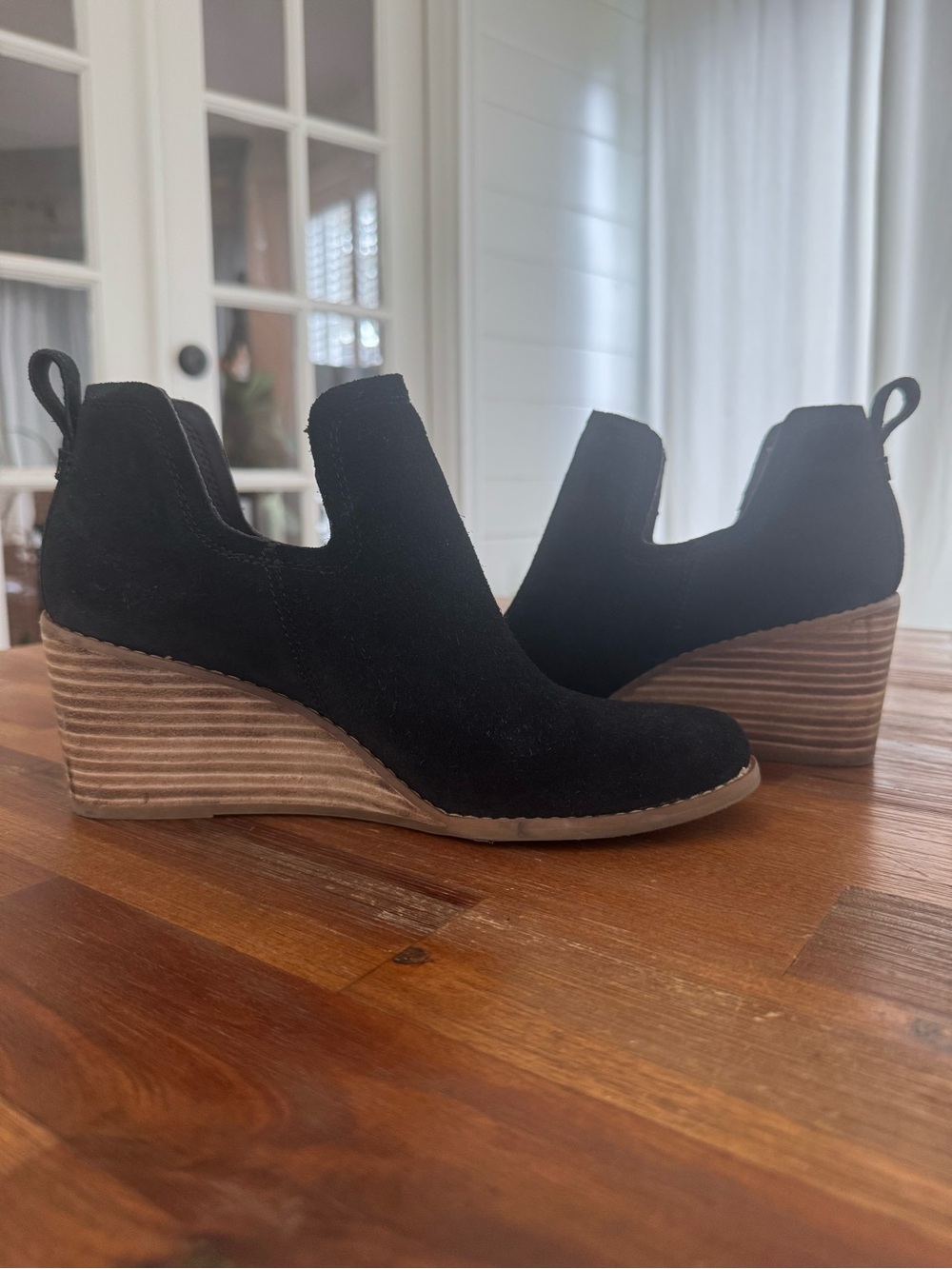 Toms Black Suede Wedge Booties with Stacked Wood Heel